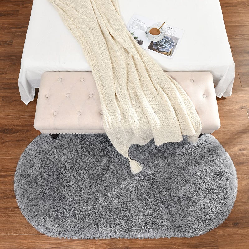 Softlife Fluffy Rugs for Bedroom, Shag Cute Area Rug for Girls and Kids Baby Room Home Decor, 2.6 x 5.3 Feet Oval Indoor Carpet for Nursery Dorm Living Room, Grey - Image 3
